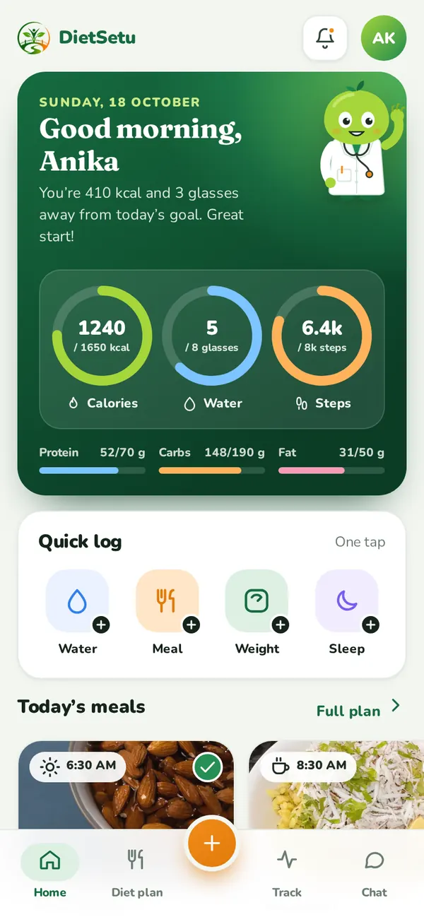 DietSetu app home screen with today’s meals and trackers (sample data)
