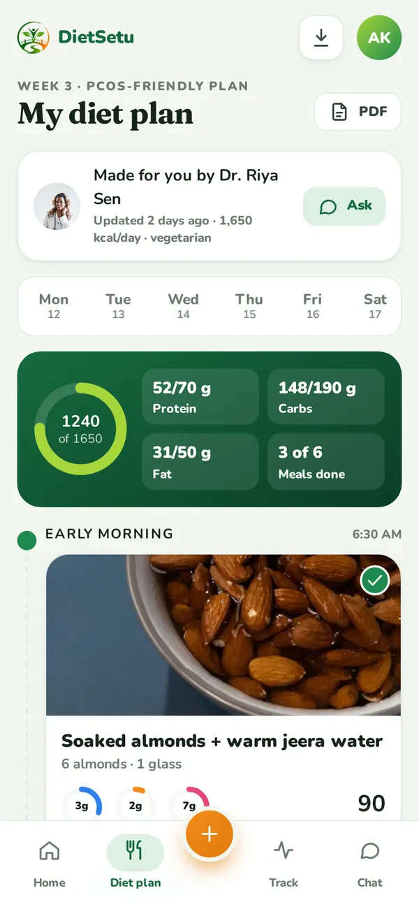 App meal plan screen with the day’s meals (sample data)